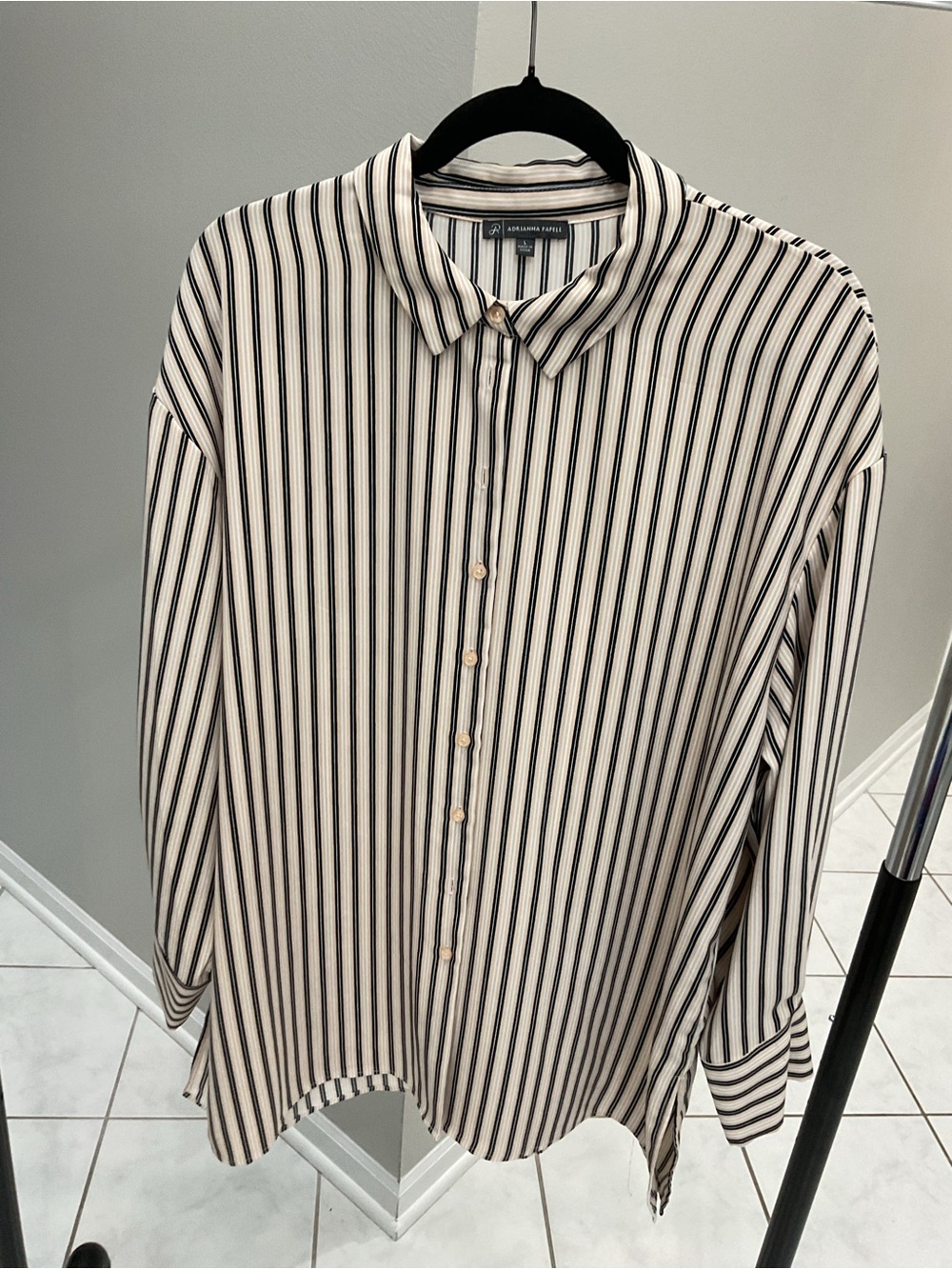 Adrienne Vittadini Black and White Vertical Stripe Button-Down Shirt